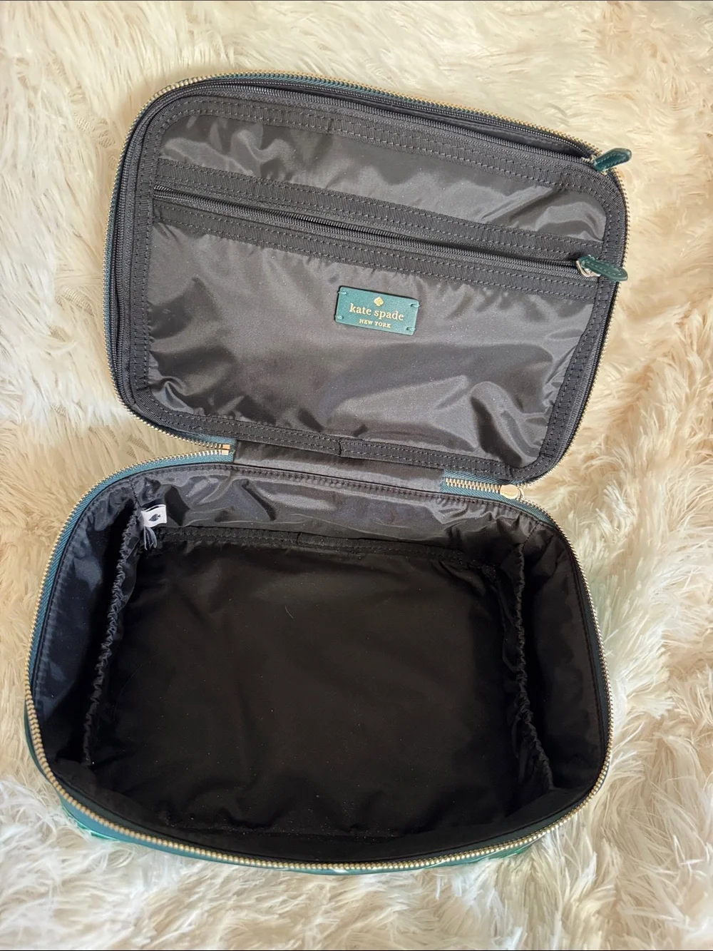 kate spade Dark Green Floral Leather Vanity Case with Gold Hardware